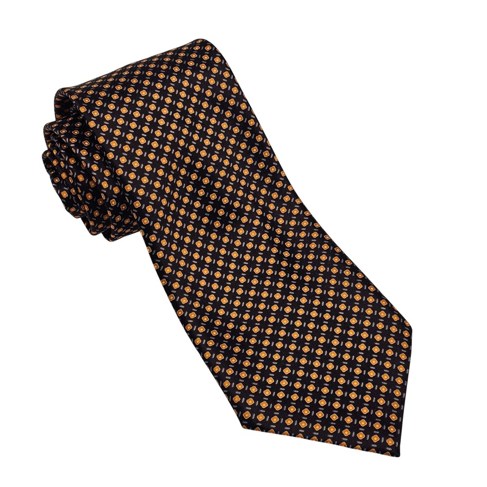 Brioni Silk Tie Black Orange Geometric Medallion‎ Luxury Italy Designer Formal